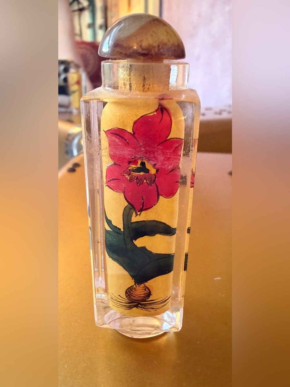 Hand-Painted Yellow Glass Perfume Bottle with Pink Floral Motif